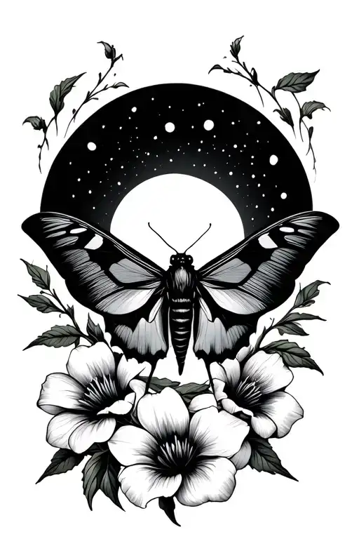 Moth Silhouette Against Moon Surrounded By Moonflowers