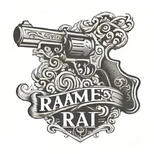 Raj Name Tattoo With Gun