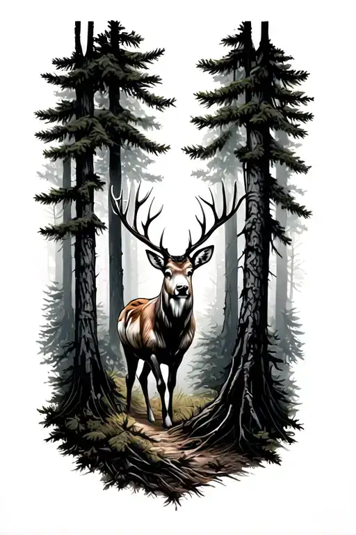 Stag Walking Through A Dense Pine Forest