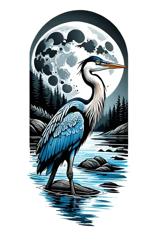 Full Moon With Blue Heron And River Flowing