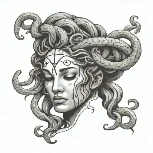 Medusa With Cracks On Face And Bleeding Closed Eyes
