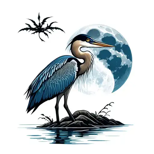 Full Moon With Blue Heron And River