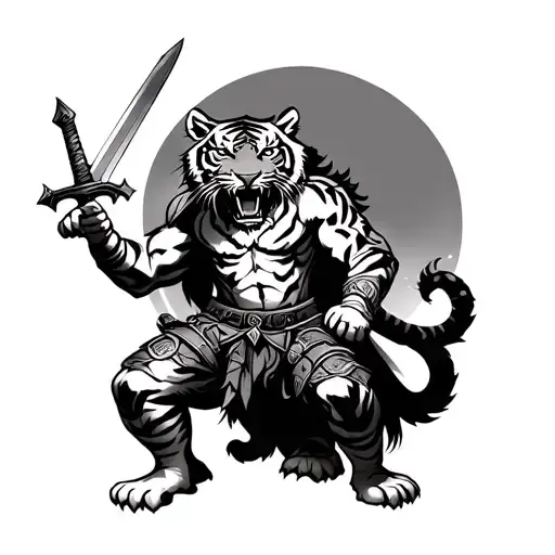 Tiger With Sword And Warrior Battling