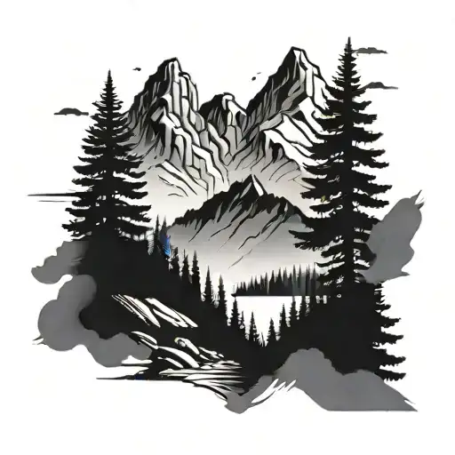 Mountain Landscape With Spruce Trees Underneath And Coordinates Below