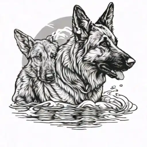 Older German Shepherd Looking Into Water Of Yunger German Shephard Relection