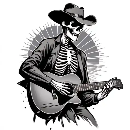 Skeleton Cowboy Playing Guitar In Front Of A Sun Setting