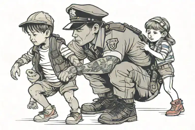 Fine Line Little Boy With Police Officer Hat And Little Girl In Handcuffs Simple