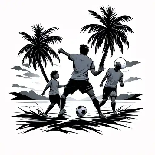 People Playing Football At A Bech With Palmes Around And Sunset In The Back