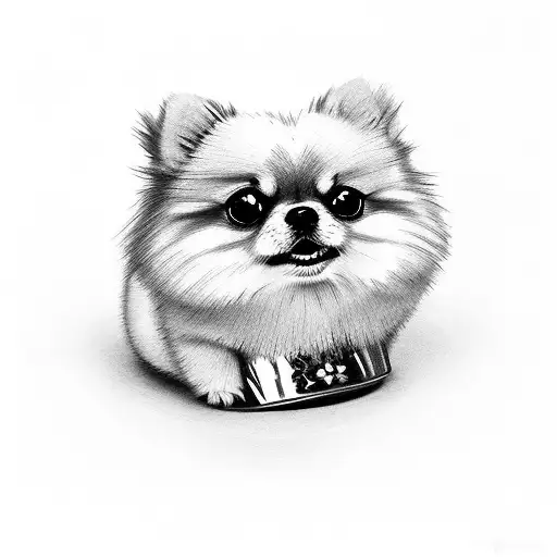 Create A Teacup Pomeranian Portrait With A Waiter's Uniform And A Polynesian Tribal Background