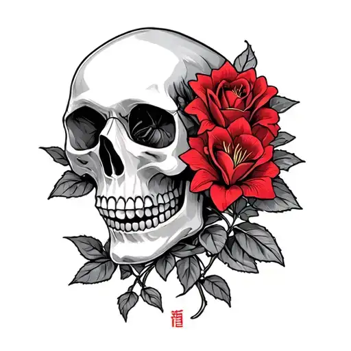 Skull With Red Roses Growing Dim Illuminated Lily Japanes Word