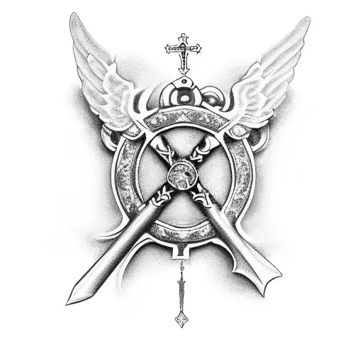 One Center Dagger With One Rosary Wrapped Loosely Around It And A Few Baby Angels Around The Rosary