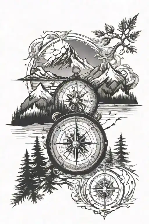 Compass With Pine Trees And Mountains