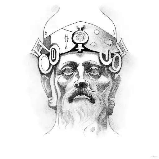 A Black-grey Tattoo Of A Historical Figure From Serbian History Surrounded By Nature Elements