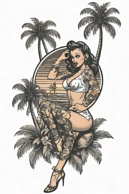 Pin Up Girl In Swim Suit And Leg Tattoos With 2 Palm Trees Colors Sunset