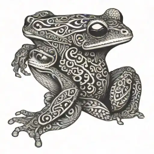 An Intricate Design Of A Coqui Frog Sitting Next To Raven In A Black-grey Style