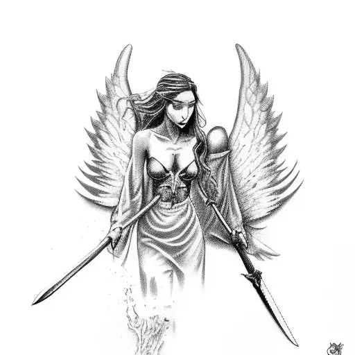 Full Back Piece Tattoo Of An Angel Stabbing A Demon