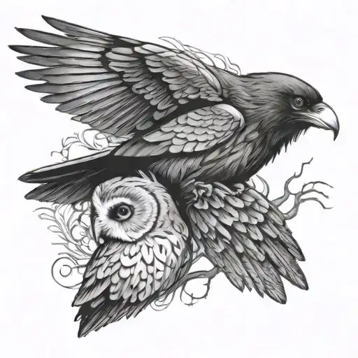 Raven And Owl Facing Right
