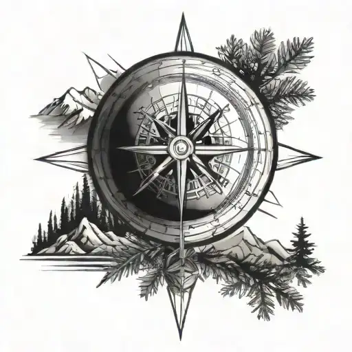 Compass With Pine Trees And Mountains