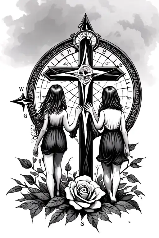 Me Walking Two Daughters To The Cross With A Rose At Our Feet And The Cross Is Inside A Compass