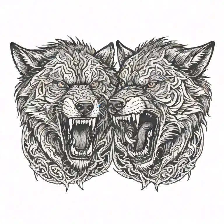 Two Wolves Snarling At Eachother Facing Each Other