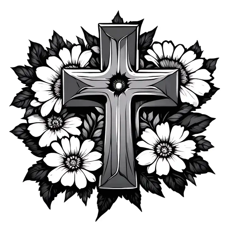 A Black And White Tattoo Of A Cross Made Of Flowers