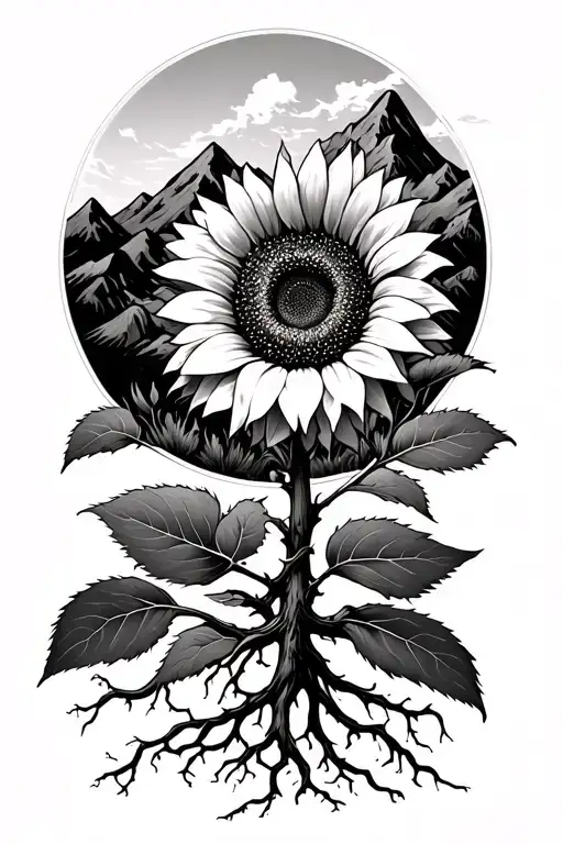Sunflower With Roots Surrounding It With Mountains