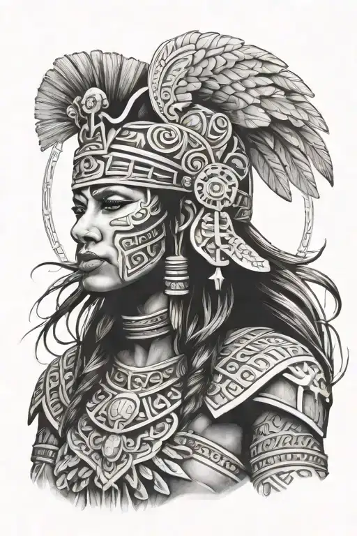 Female Mayan Warrior Sleeve Tattoo Design Realistic