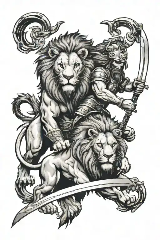 Lion And Warrior Holding Sword