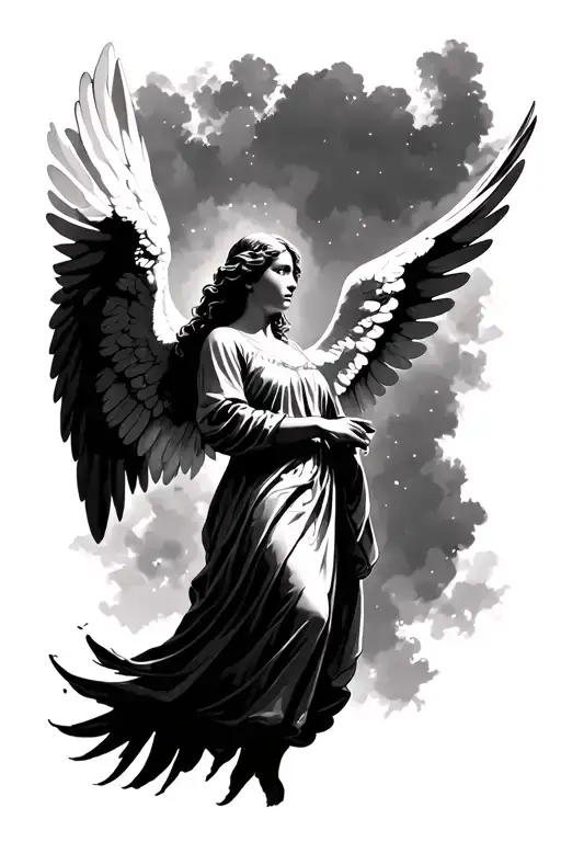 An Angel That Is Flying While Watching Over Something In The Distance Always Protecting