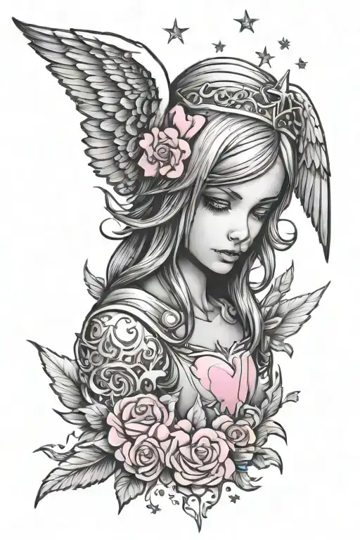 Emo Angel Tattoo With Pink Hearts And Star Design