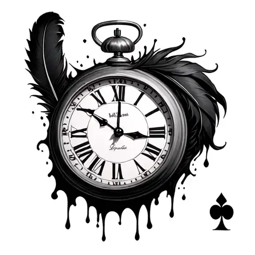 Dali Melting Clock With Black Feather And Joker Card