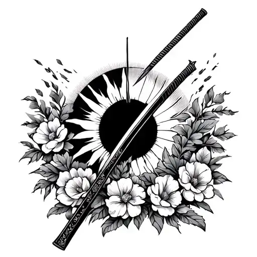 A Samurai Katana Splitting The Sun And Stranded By Flowers