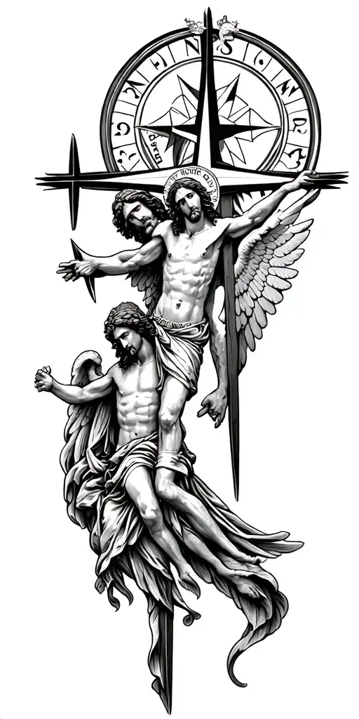 Compass With Jesus Going Into 3 Crosses And St Michael Archangel