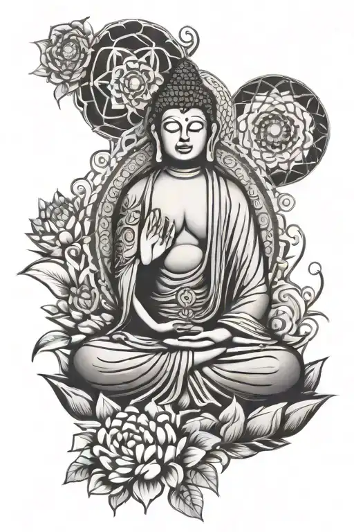 Mandala Design With Buddha Sitting Side