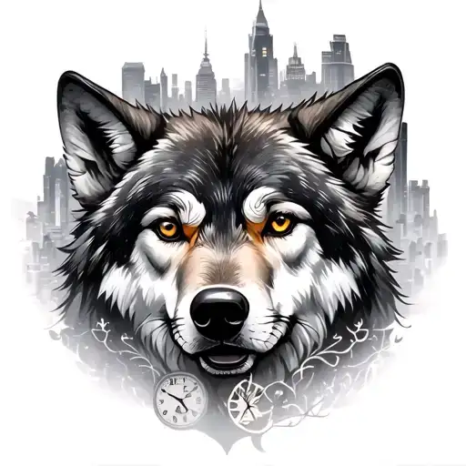 City Background Wolf With Cub And Clock Face