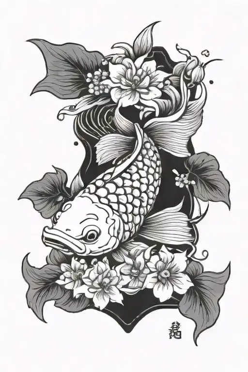 Koi Fish With Japanese Flowers And Words