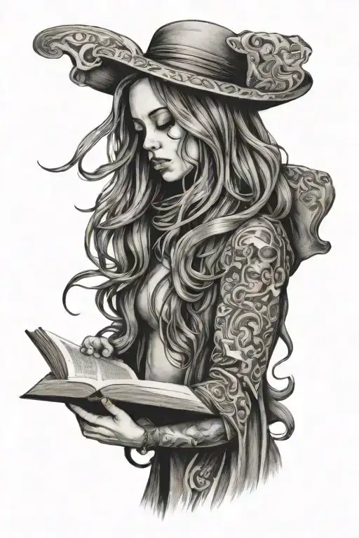 Girl With Long Hair Tattoo Holding Open Book
