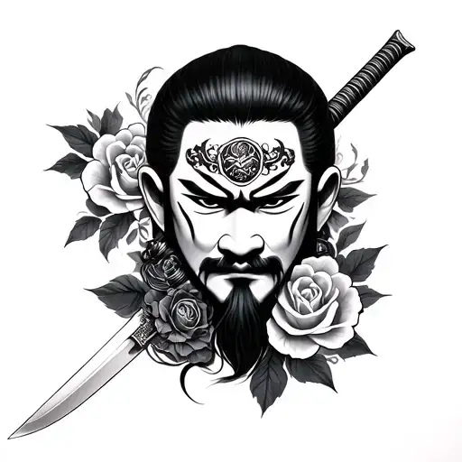Chinese Face With Samurai And Roses Sword