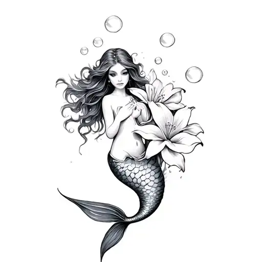 Mermaid And Lilly Flowers With Bubbles