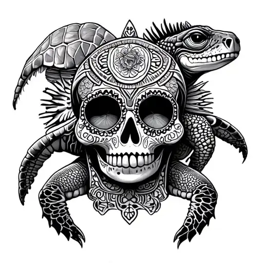 Sugar Skull And Sea Turtle And Iguana And Mayan Calendar And Ruins