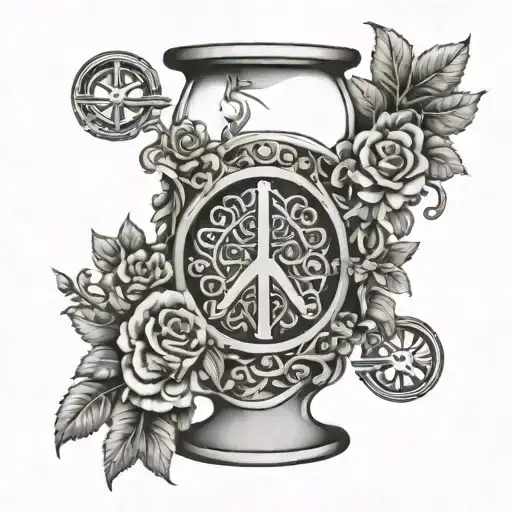 An Intricate Hourglass Design With Hippie Symbols Like Peace Signs And Flowers