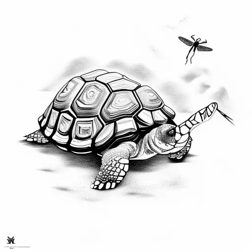 A Surreal Scene Of A Tortoise Racing A Dragonfly