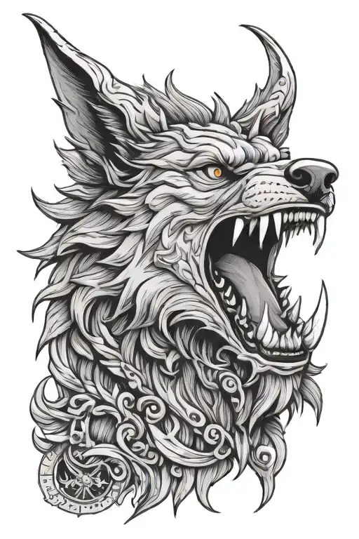 A Head On Image Of Fenrir With A Sword Piercing Through His Mouth Vertically While He Is Snarling