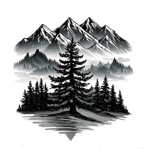 Pine Tree And Mountains Filled With Trees