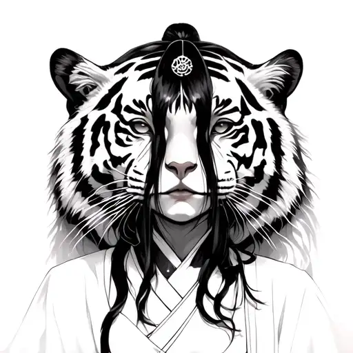 Japanese Priestess With Tiger In Background