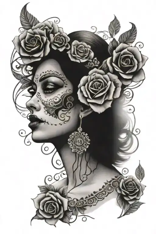 Realistic Day Of The Dead Woman's Face Surrounded My Music Notes