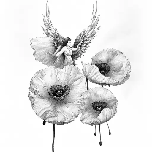 A Black-grey Tattoo Of Poppies And Angel Wings With Subtle Nods To The God Hypnose
