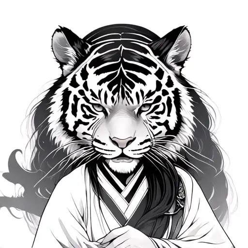 Japanese Priestess With Tiger In Background