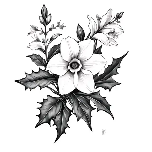 Black And White Narcissus Flower With Holly With Larkspur Flower Tattoo Design Minimalist