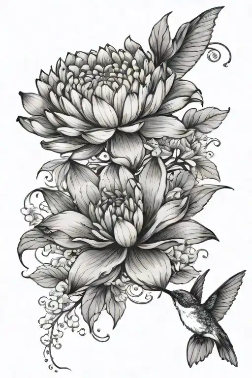 Dahlias Water Lily Vines Primrose Small Hummingbird Flying